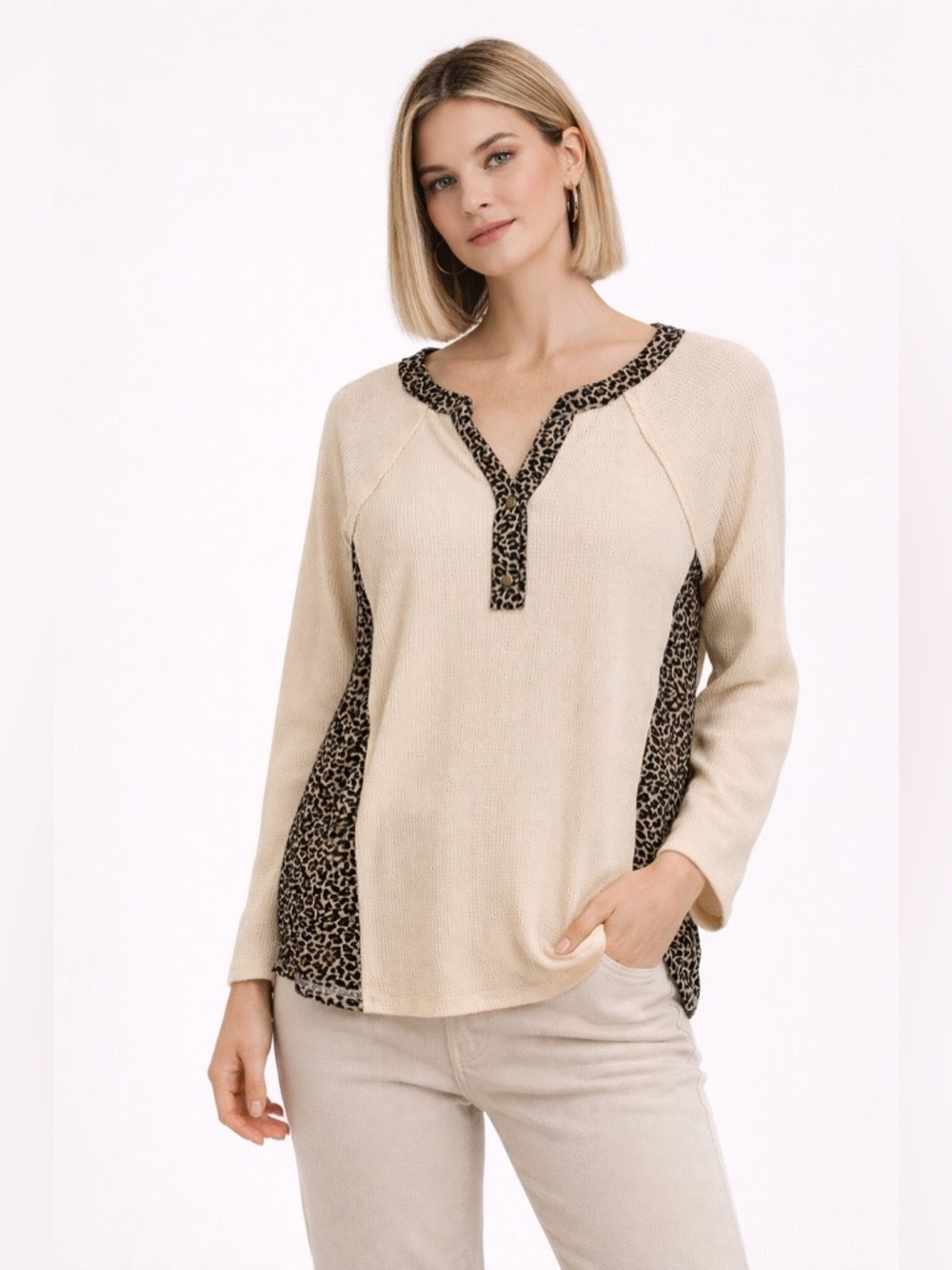 Umgee Waffle Knit Leopard Print Henley Top Cream Womens Sz XL Raglan Sleeves